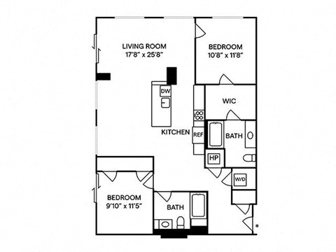 Floor plan for 2 beds, 2 baths, 1128 sqft